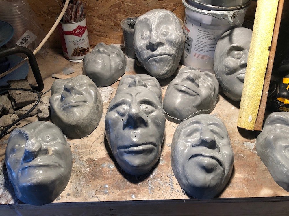 Prototype resin Theatrical Mask templates being prepared for testing on vac former